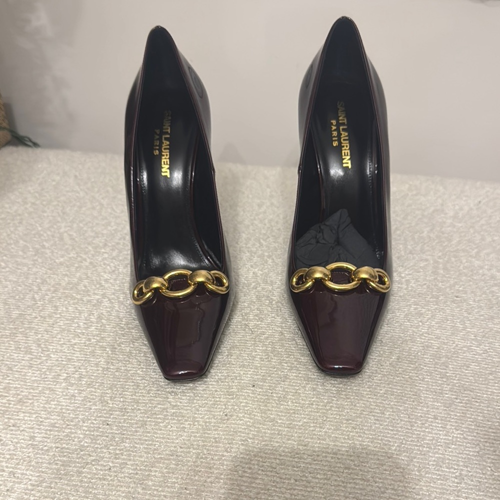 Saint Laurent Dark Red Heels with Gold Chain